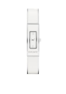 DKNY Ladies White Enamel and Silver-Tone Stainless Steel Bangle
