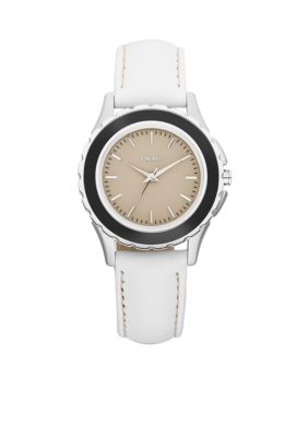 DKNY Silver-Tone and Black Stainless Steel White Leather Three-Hand Watch