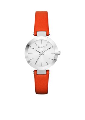 DKNY Ladies Silver Tone Stainless Steel and Coral Leather Watch