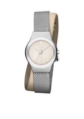 DKNY Ladies Silver Tone Stainless Steel Mesh and Nude Leather Wrap Watch