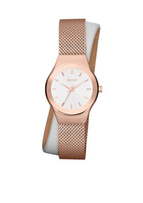 DKNY Ladies Rose Gold-Tone Stainless Steel Mesh and White Leather Wrap Watch