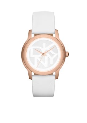 DKNY Ladies Rose Gold-Tone Stainless Steel and White Leather Logo Watch