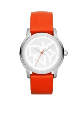 DKNY Ladies Silver-Tone Stainless Steel and Coral Leather Logo Watch