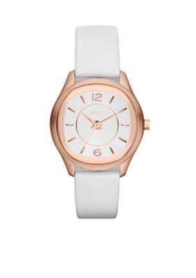 DKNY Ladies Rose Gold-Tone Stainless Steel and White Leather Three-Hand Watch