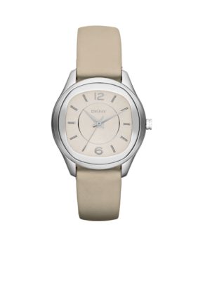 DKNY Ladies Silver-Tone Stainless Steel and Nude Leather Three-Hand Watch