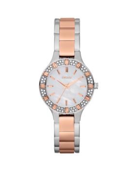 DKNY Ladies Silver Tone and Rose Gold Stainless Steel Three-Hand Glitz Watch