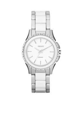 DKNY Ladies Silver Tone Stainless Steel and White Ceramic Three-Hand Glitz Watch