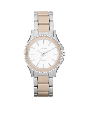DKNY Ladies Silver-Tone Stainless Steel and White Ceramic Three-Hand Glitz Watch