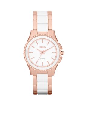DKNY Ladies Rose Gold-Tone Stainless Steel and White Ceramic Three-Hand Glitz Watch