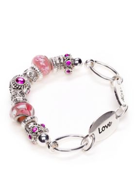 Kim Rogers&reg; Silver and Pink Glass Charm Bracelet on Silver Inspirational Links Box Item
