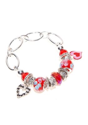 Kim Rogers Red Glass and Heart Charm Stretch Bracelet