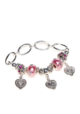 Kim Rogers&reg; Pink Pearl Glass Heart Charm Dropoffs Stretch Bracelet