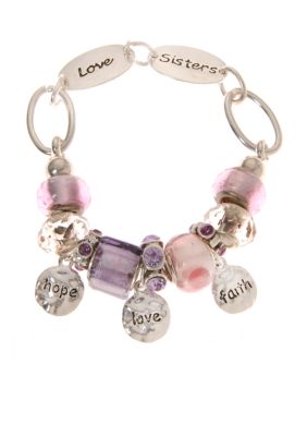 Kim Rogers Silver Pink and Purple Charm Inspirational Bracelet with Clasp