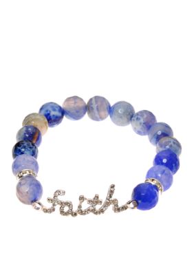 Kim Rogers Blue Agate Stretch Bead Bracelet with Pave Scripted 