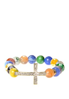 Kim Rogers Multi Pastel Agate Stretch Bead Bracelet with Silver Pave Cross