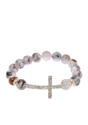 Kim Rogers Multi Gray Agate Stretch Bracelet with Pave Cross