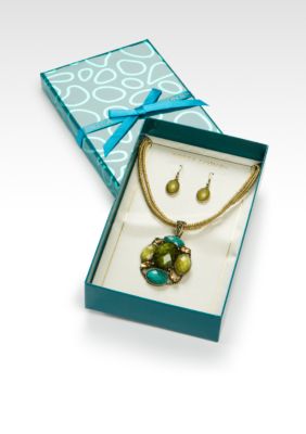 Erica Lyons Green Multi Stone Pendant Necklace and Earring Box Set