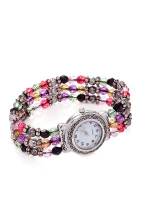 Kim Rogers Women's Round White Dial Multi-Bead Analog Stretch Bracelet Watch