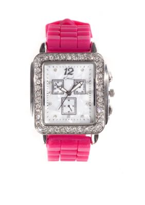 Kim Rogers Women's Square Tank Case Pomegranate Silicone Rubber Strap Watch