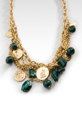 Kristin Davis Gold Coin and Jade Bead Multi Row Chain Necklace
