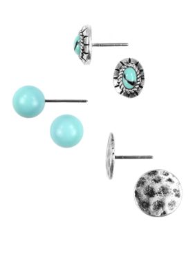 Nine West Vintage America Collection Antique Silver Tone and Turquoise Stud Earring Trio
