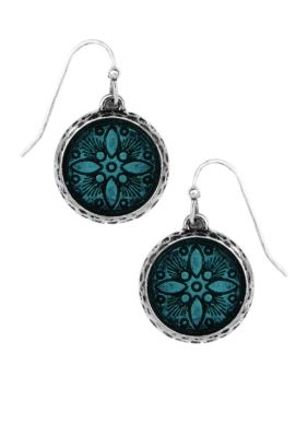 Nine West Vintage America Collection Etched Antique Silver Drop Earrings with Denim Blue Enamel