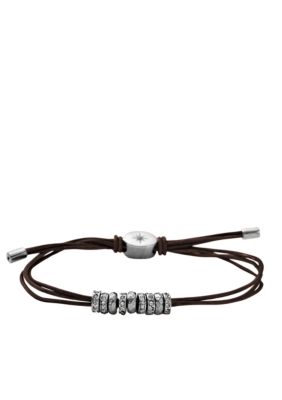 Fossil Shiny Silver Tone & Clear Crystal Beaded Chocolate Brown Leather Wrist Wrap 