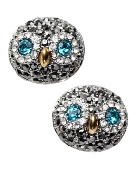 Fossil Owl Face Stud in Shiny Silver Tone