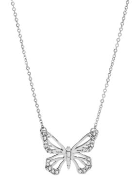 Fossil Small Shiny Silvertone and Clear Crystal Open Butterfly Pendant