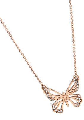 Fossil Small Rose Goldtone and Black Diamond Butterfly Pendant