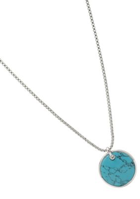 Fossil Turquoise Disc Pendant Necklace in Shiny Silver Tone with Metal Rimmed Setting