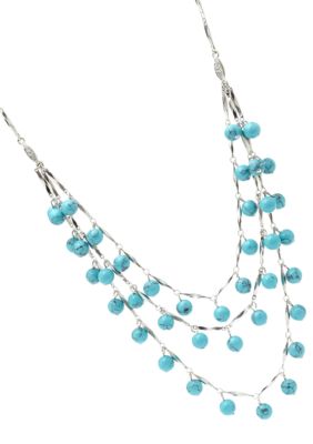 Fossil Turquoise Triple Strand Necklace on Shiny Silvertone Chains
