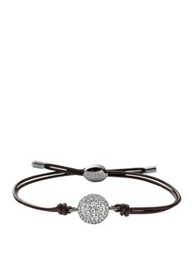 Fossil&reg; Clear Crystal Pave Disk on Chocolate Brown Adjustable Leather Cording Bracelet