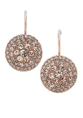 Fossil Pave Drop Disk Rose Gold Earrings