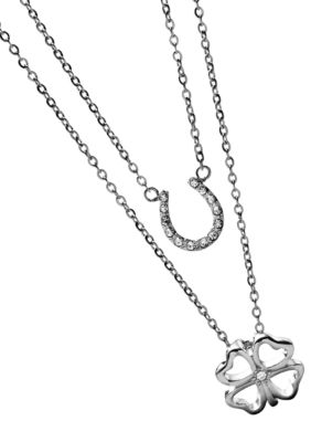 Fossil&reg; Polished Steel Horseshoe and Clover with Clear Crystal Details Best Friend Necklaces