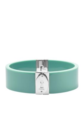 Fossil Wide Aqua Resin and Polished Steel Hinged Bangle with Push Clasp Closure