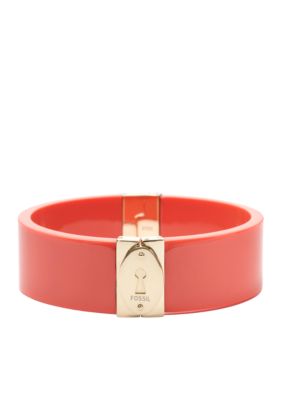Fossil Wide Coral Resin and Shiny Goldtone Polished Steel Hinged Bangle with Push Clasp Closure