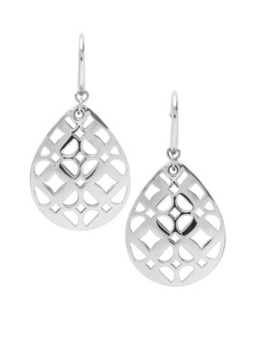 Fossil Tear Drop Earrings with Fossil Signature Cut Out Pattern on Shiny Silvertone