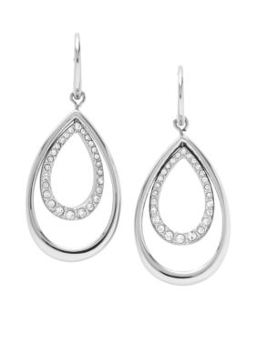 Fossil Shiny Stainless Steel Double Tear Drop Ear with Clear Glitz Accents