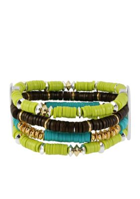 Kenneth Cole New York Lime Green & Brown Bead Multi Row Stretch Bracelet