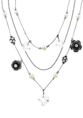 Betsey Johnson Crystal Heart & Flower Illusion Necklace