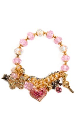 Betsey Johnson Pave Heart Multi Charm Half Stretch Bracelet