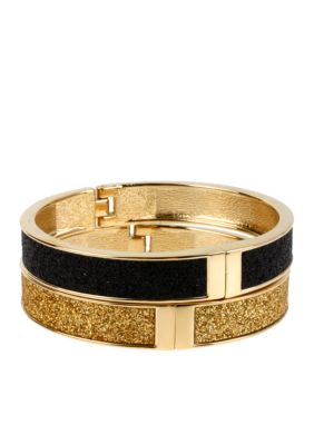 Betsey Johnson Black & Gold Glitter Hinged Bangle Bracelet Set