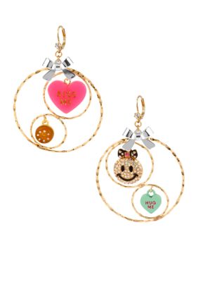 Betsey Johnson Smiley Face & 'KISS ME' Heart Multi Charm Gypsy Hoop Earrings