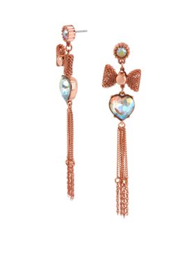 Betsey Johnson Crystal Heart & Mesh Bow Linear Earrings