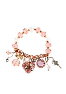 Betsey Johnson Vintage Heart Multi Charm Half Stretch Bracelet