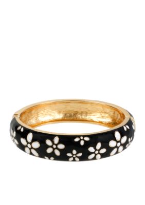 Betsey Johnson Black Flower & Polka Dot Hinged Bangle Bracelet