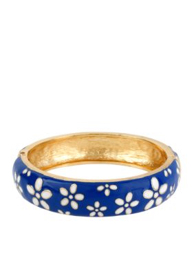 Betsey Johnson Blue Flower & Polka Dot Hinged Bangle Bracelet