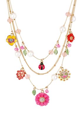 Betsey Johnson Flower & Ladybug Multi Charm Illusion Necklace