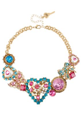 Betsey Johnson Heart & Gem Frontal Necklace